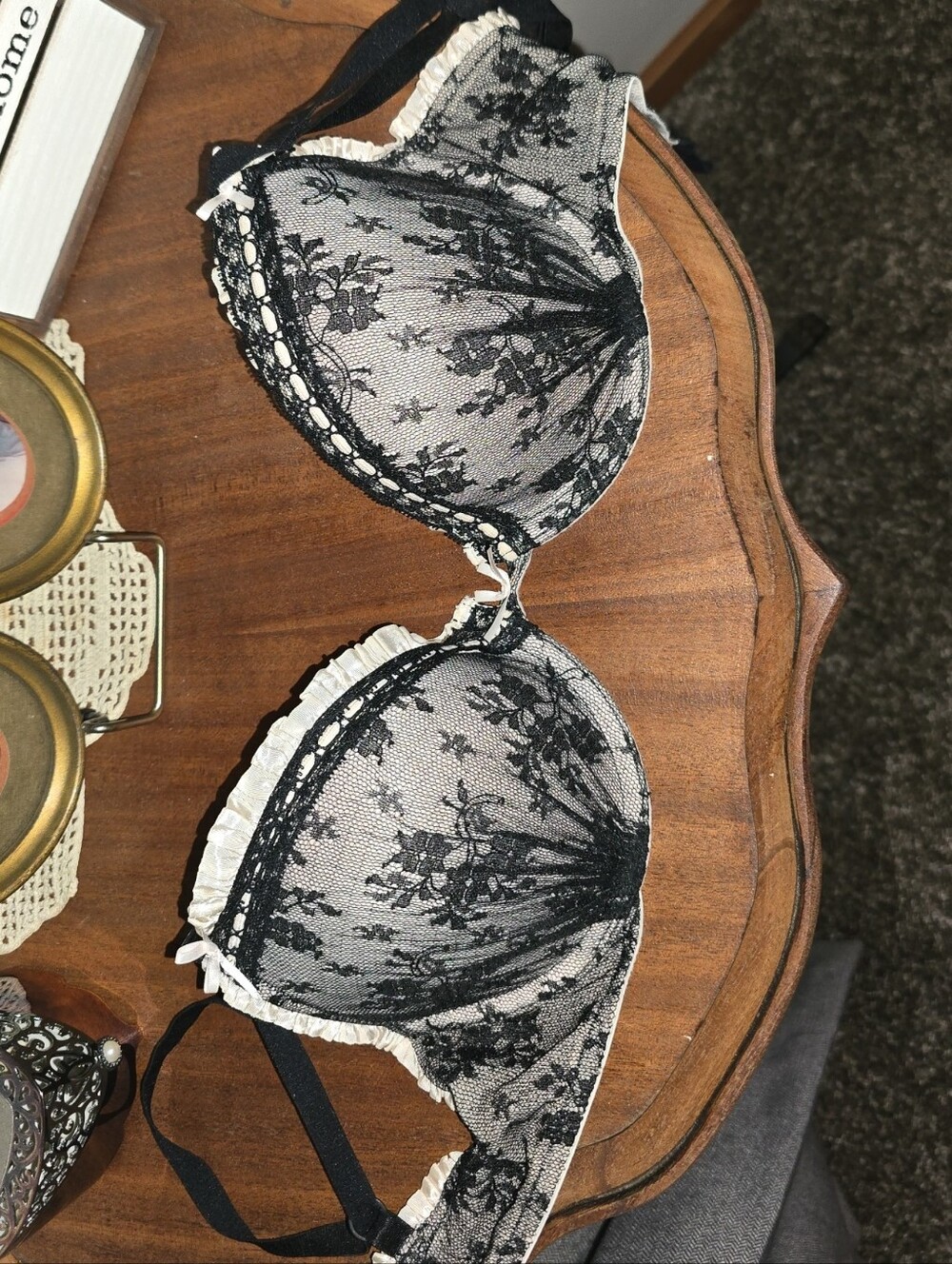 Sheer Black Lace Underwire Bra with Ivory Trim